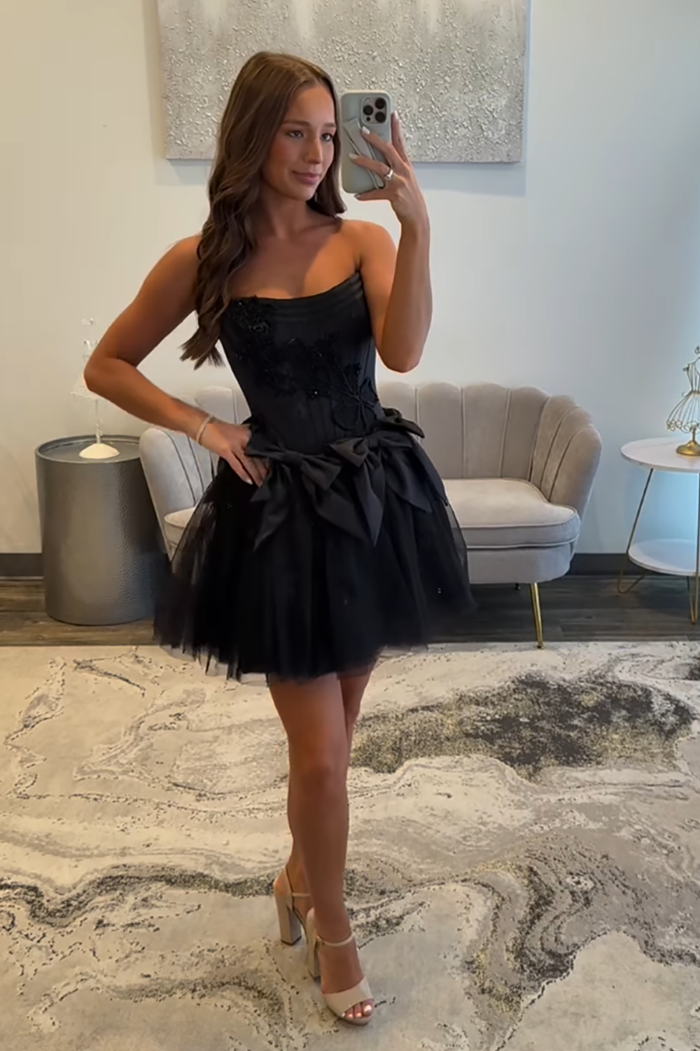Black Tulle Strapless A Line Short Corset Homecoming Dress with Bows