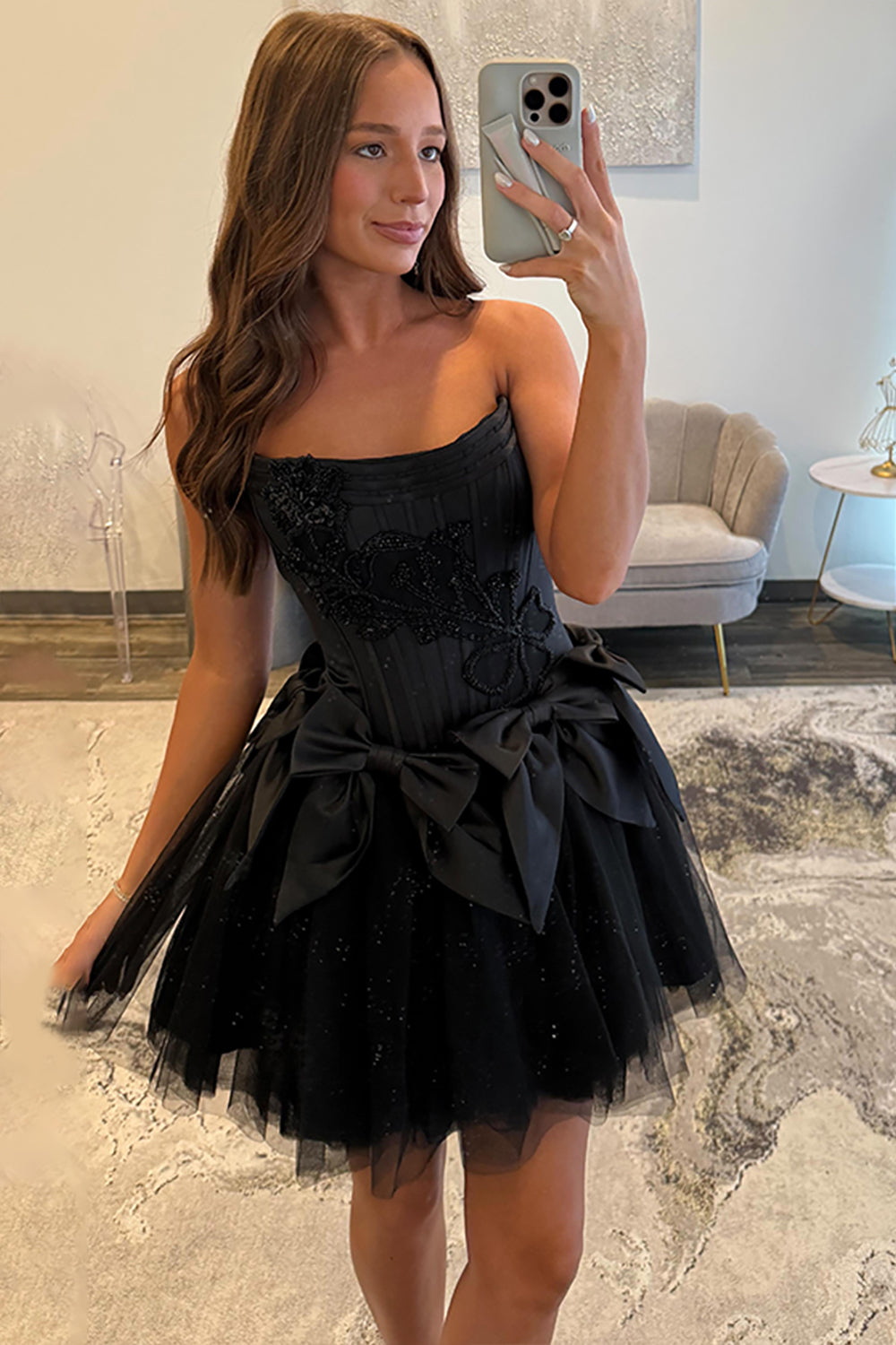 Black Tulle Strapless A Line Short Corset Homecoming Dress with Bows