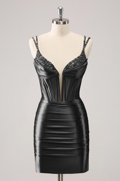 Sparkly Black Spaghetti Straps Tight Corset Homecoming Dress with Sequins