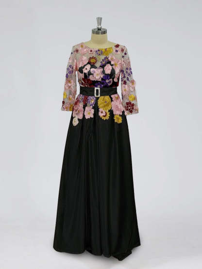 Asymmetrical A-Line Princess Scoop Mother of the Bride Dress with 3/4 Sleeves and Lace Appliques-BMbridal