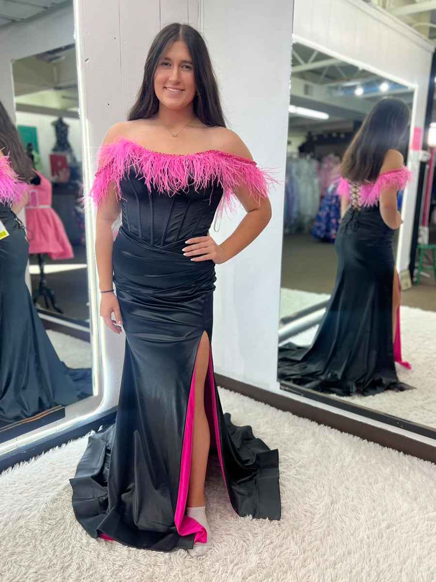 Black Satin Corset Prom Dress with Pink Feather Off-Shoulder Trim