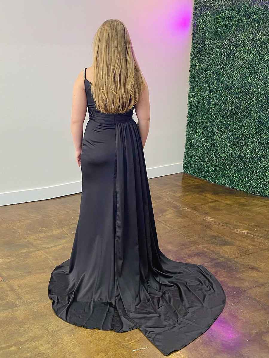 Black Satin Crystal Straps Ruched Prom Dress with Slit