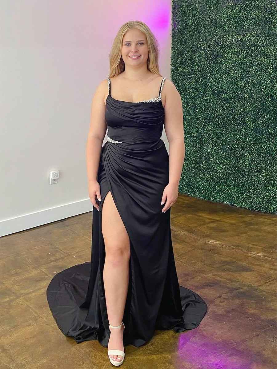 Black Satin Crystal Straps Ruched Prom Dress with Slit