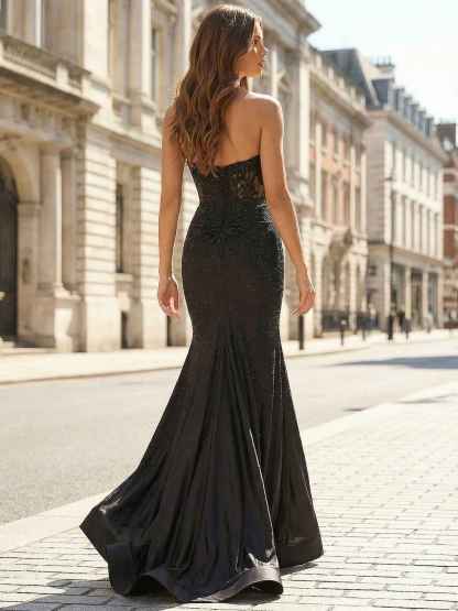 Black Sequin Strapless Long Corset Prom Dress with Plunge