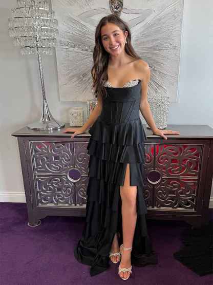 Black Strapless Tiered Ruffles Corset Prom Dress with Slit
