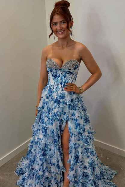 Sparkly Fuchsia Floral Sweetheart Tiered Corset Long Prom Dress with Slit