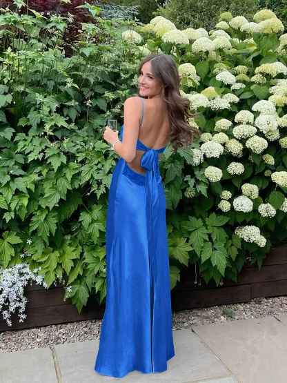 Blue A Line V-neck Beaded Back Tie Long Prom Dress