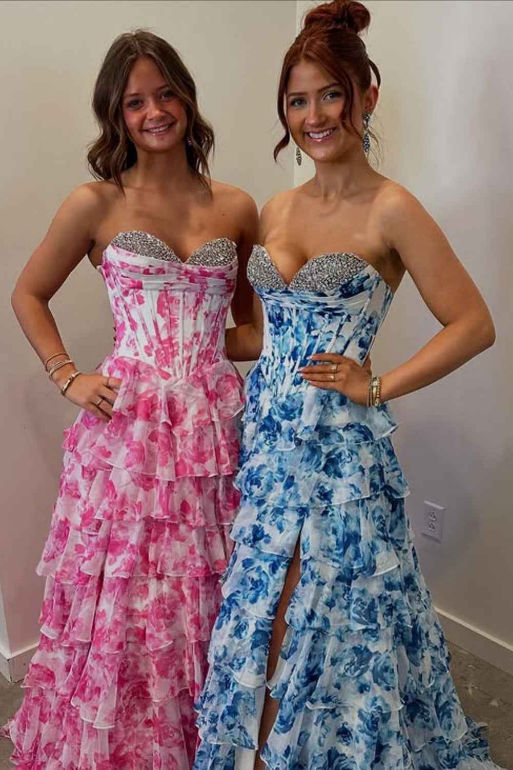 Sparkly Fuchsia Floral Sweetheart Tiered Corset Long Prom Dress with Slit