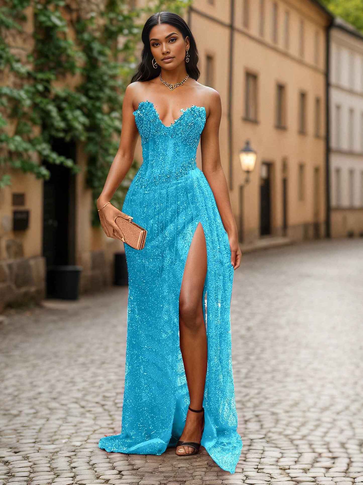 Red Strapless Beaded Fringe Waist Sequin Prom Dress with High Slit