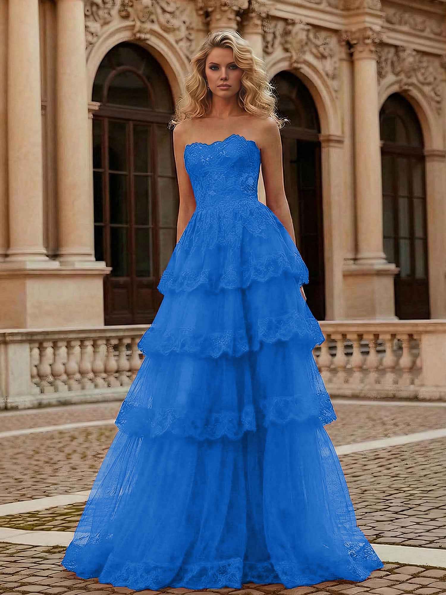 Red Tiered Tulle Strapless Lace Bodice A-Line Long Prom Dress