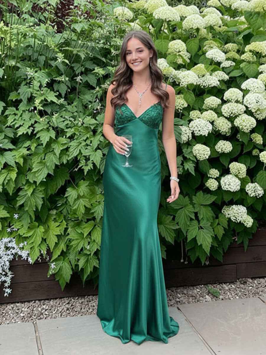 Blue A Line V-neck Beaded Back Tie Long Prom Dress