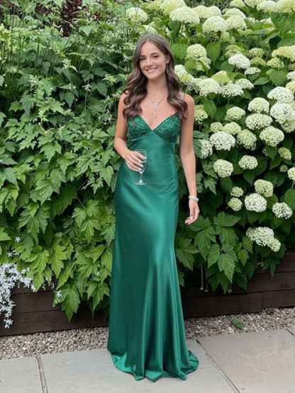 Blue A Line V-neck Beaded Back Tie Long Prom Dress