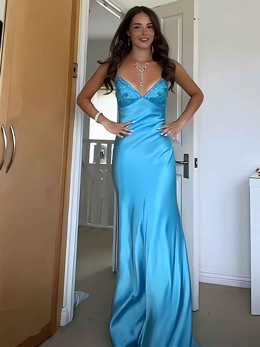 Blue A Line V-neck Beaded Back Tie Long Prom Dress