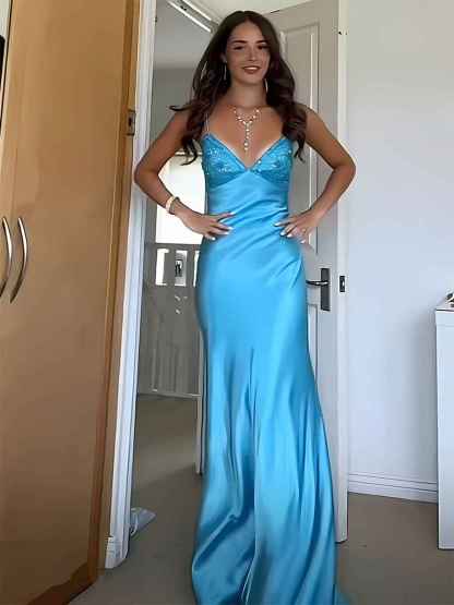 Blue A Line V-neck Beaded Back Tie Long Prom Dress