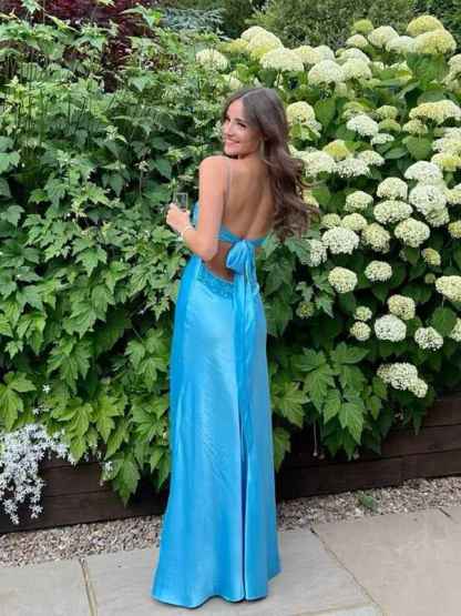 Blue A Line V-neck Beaded Back Tie Long Prom Dress