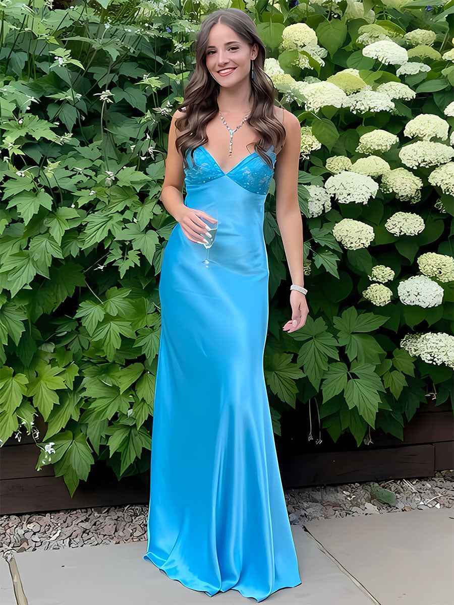 Blue A Line V-neck Beaded Back Tie Long Prom Dress