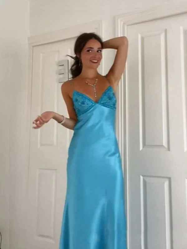 Blue A Line V-neck Beaded Back Tie Long Prom Dress