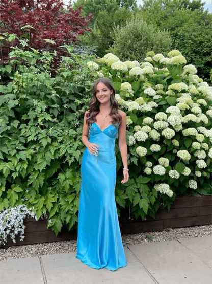 Blue A Line V-neck Beaded Back Tie Long Prom Dress