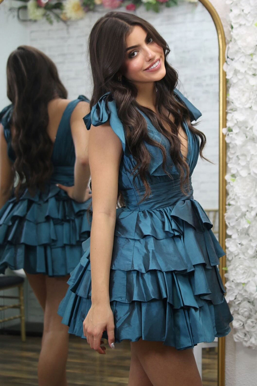 Black Adustable Straps A-Line Tiered Homecoming Dress with Ruffles