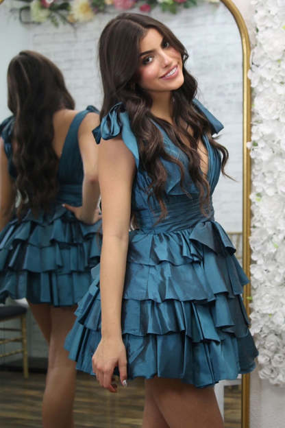 Black Adustable Straps A-Line Tiered Homecoming Dress with Ruffles