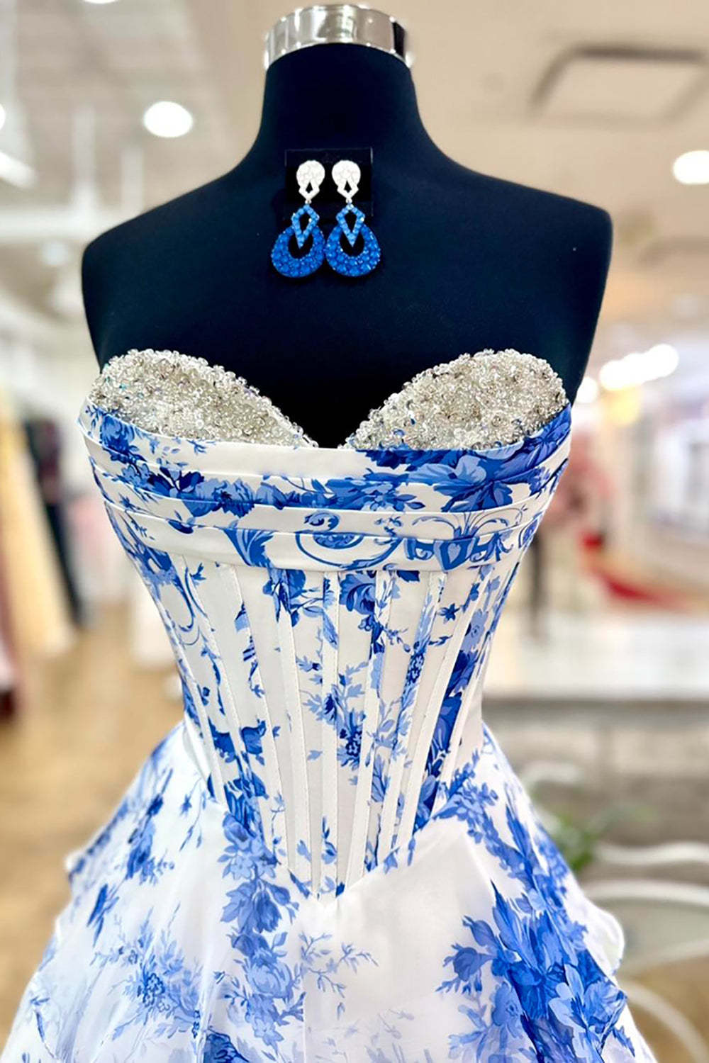 Blue Floral Ruffled A-Line Short Corset Homecoming Dress with Beading