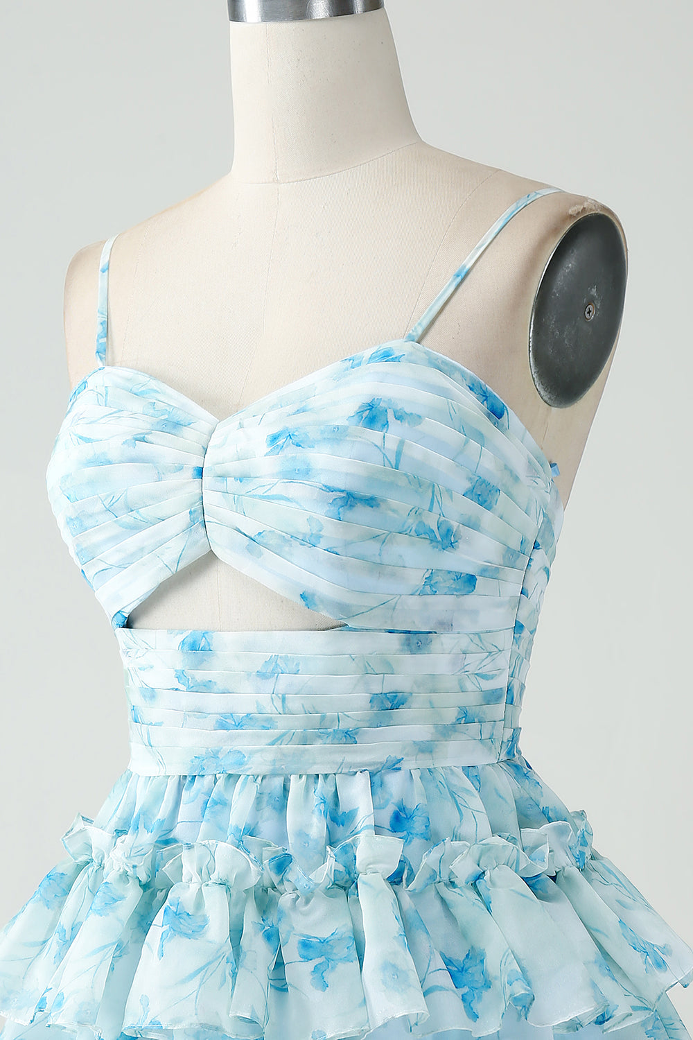 Blue Floral Spaghetti Straps A-Line Tiered Short Homecoming Dress with Ruffles