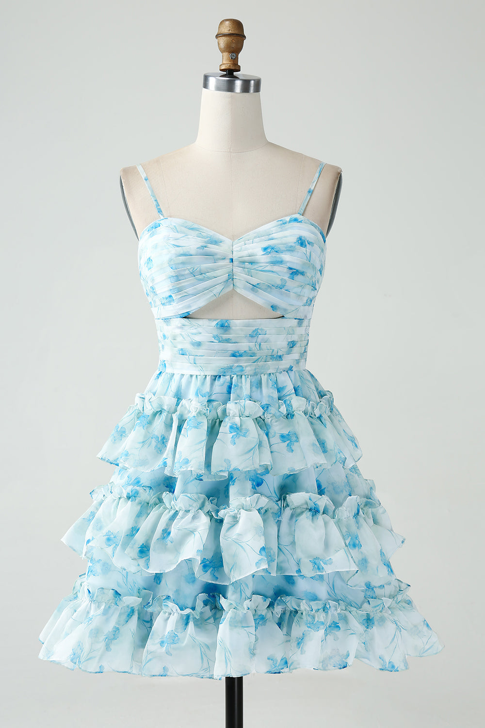 Blue Floral Spaghetti Straps A-Line Tiered Short Homecoming Dress with Ruffles