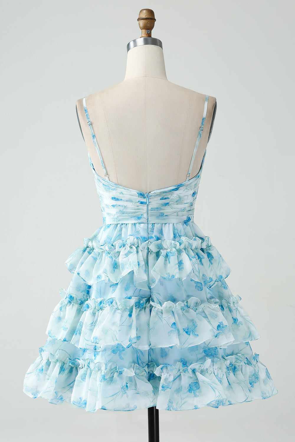 Blue Floral Spaghetti Straps A-Line Tiered Short Homecoming Dress with Ruffles
