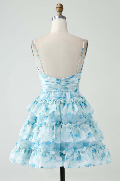 Blue Floral Spaghetti Straps A-Line Tiered Short Homecoming Dress with Ruffles