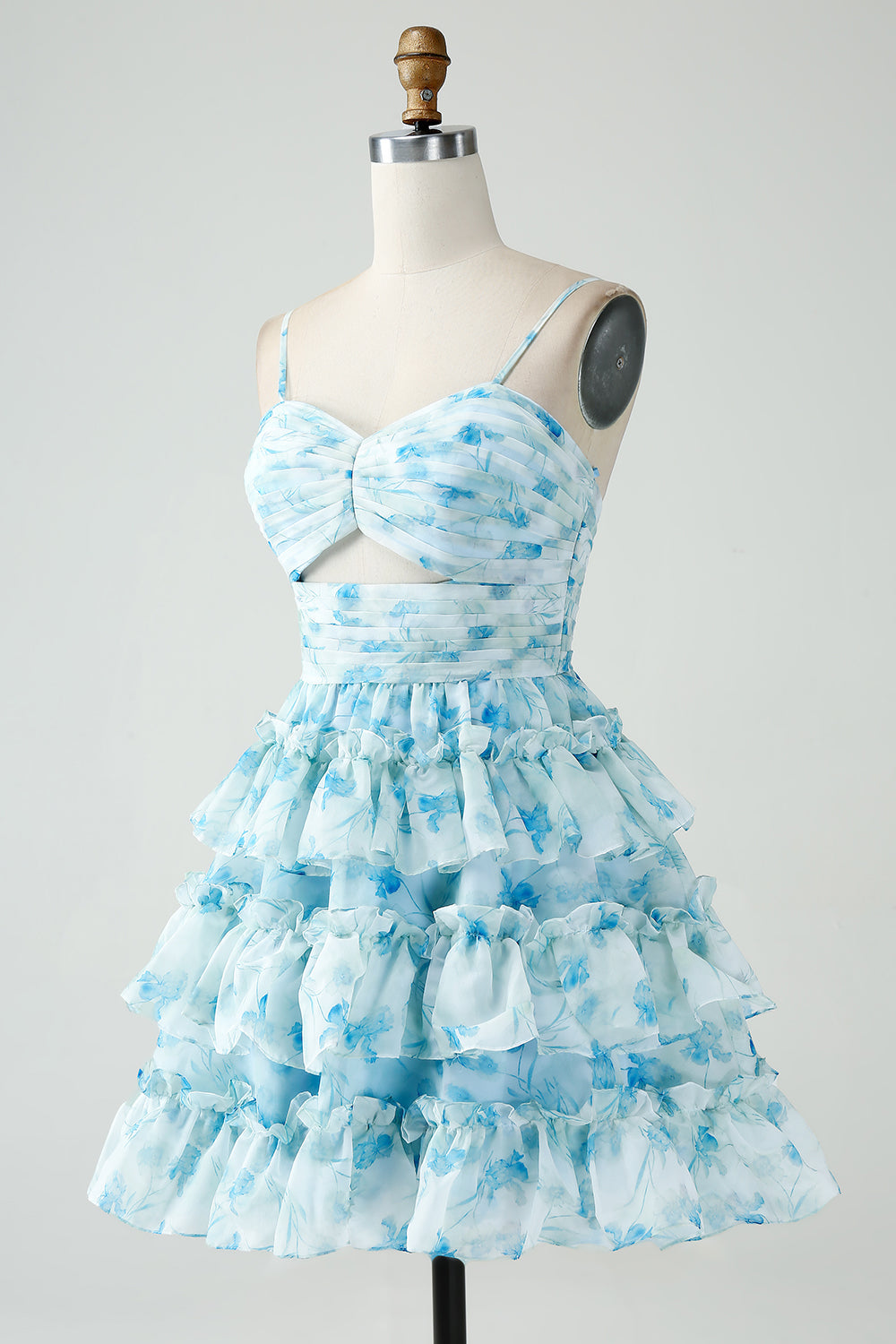 Blue Floral Spaghetti Straps A-Line Tiered Short Homecoming Dress with Ruffles