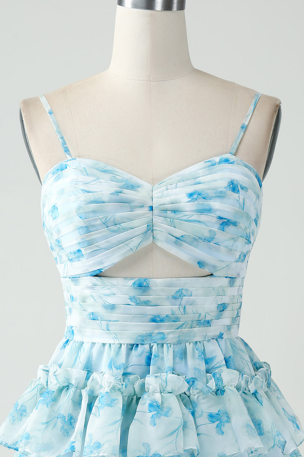 Blue Floral Spaghetti Straps A-Line Tiered Short Homecoming Dress with Ruffles