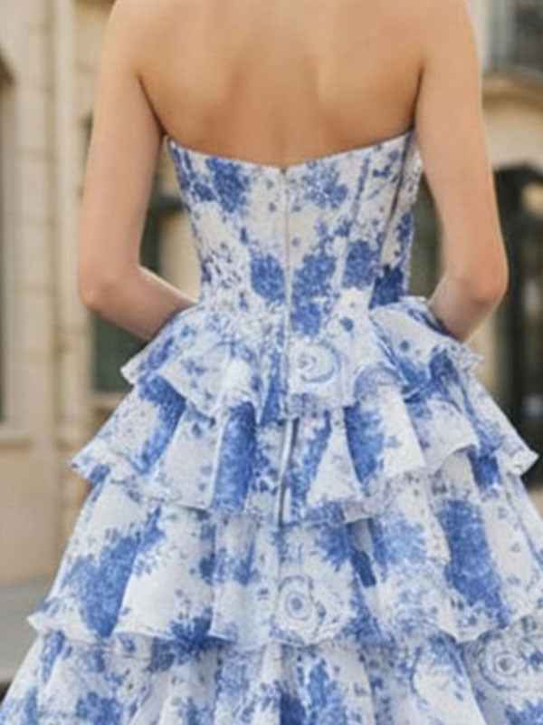 Blue Floral Strapless Chiffon Ruffle Corset Prom Dress with Slit