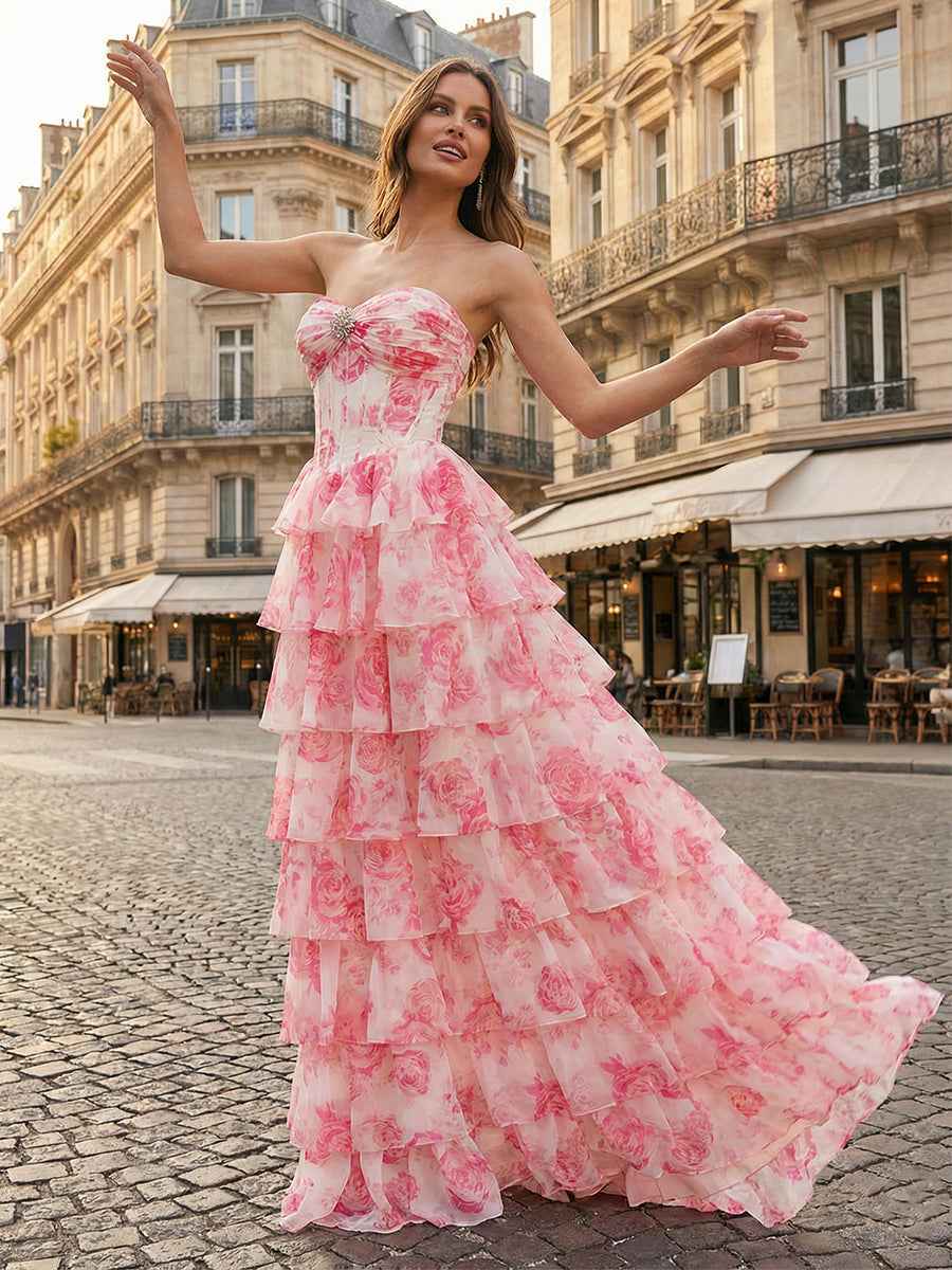 Blue Floral Strapless Tiered Ruffle Corset Long Prom Dress with Slit