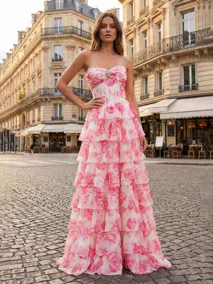 Blue Floral Strapless Tiered Ruffle Corset Long Prom Dress with Slit