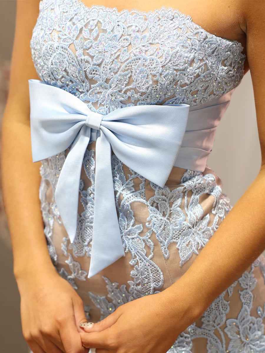 Blue Lace Strapless Satin Bow Prom Dress with Slit