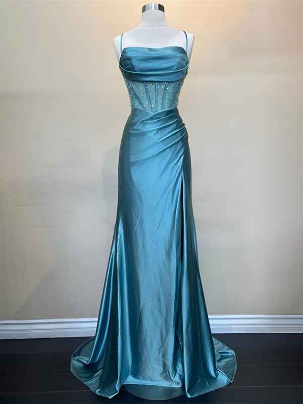 Yellow Mermaid Scoop Neck Satin Long Prom Dress with Slit