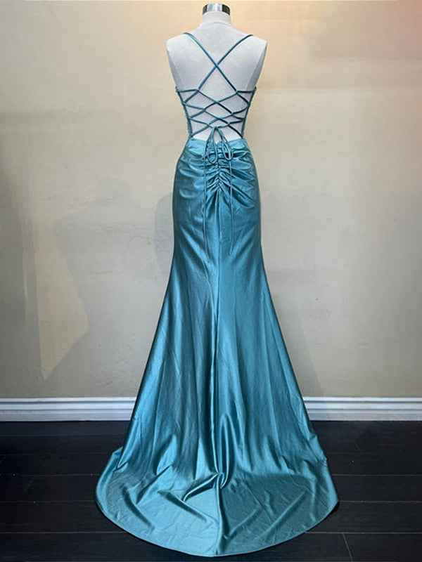 Yellow Mermaid Scoop Neck Satin Long Prom Dress with Slit