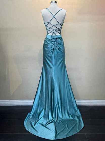 Yellow Mermaid Scoop Neck Satin Long Prom Dress with Slit