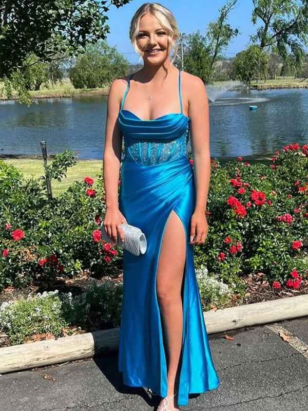 Yellow Mermaid Scoop Neck Satin Long Prom Dress with Slit