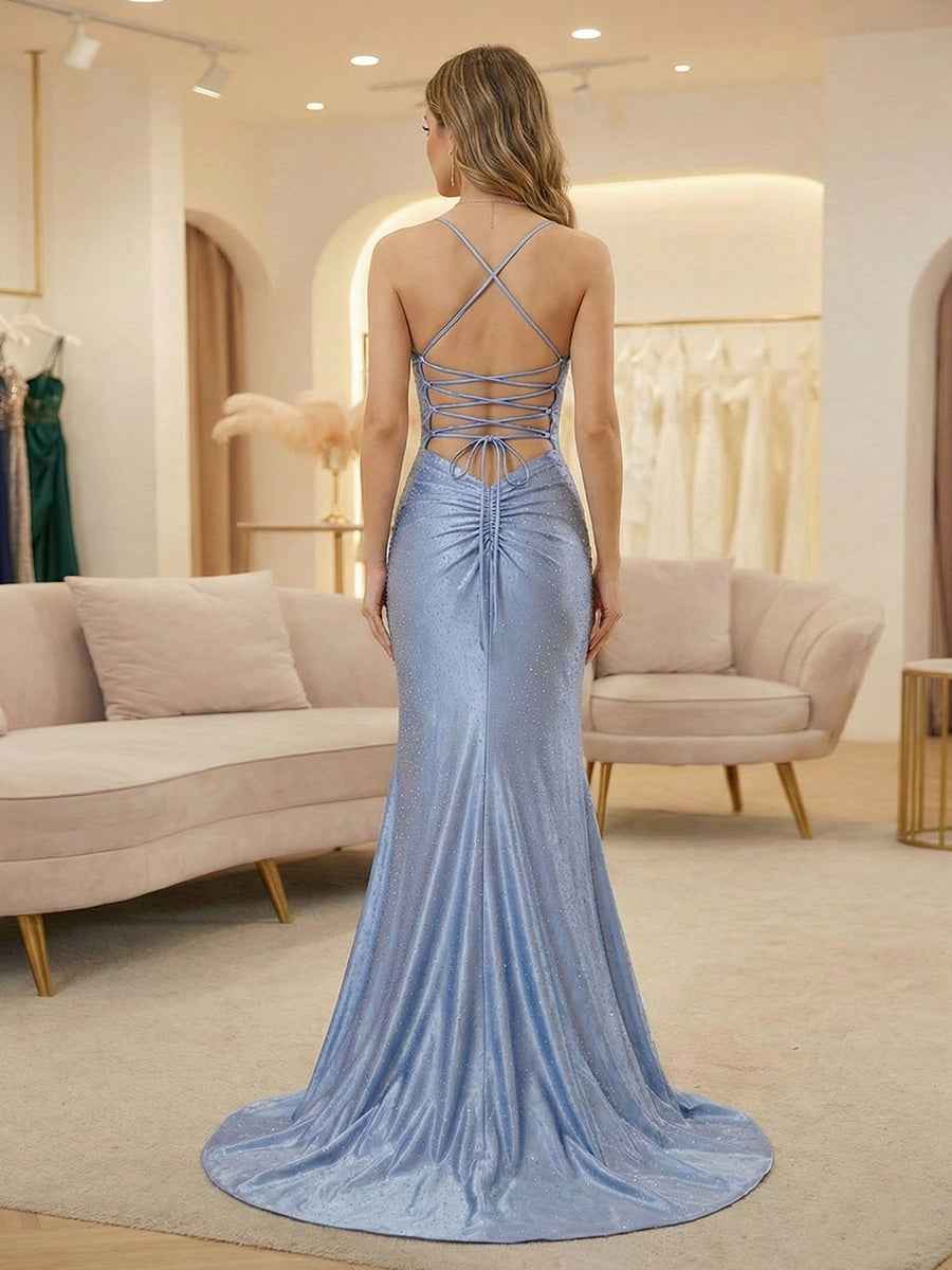 Blue Mermaid Spaghetti Straps V-Neck Rhinestone Prom Dress