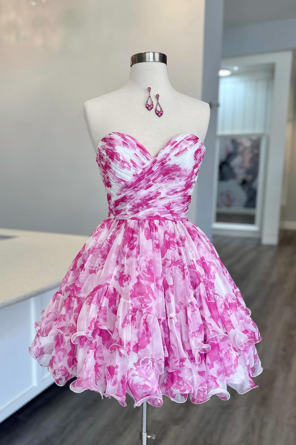 Blue Printed Strapless A-Line Tiered Homecoming Dress
