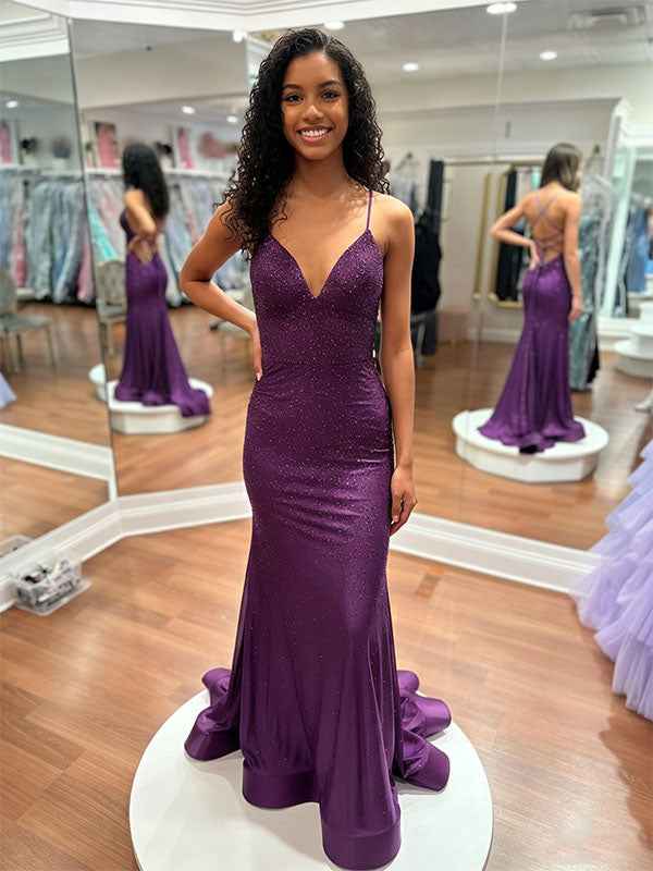 Blue Sequin V Neck Long Mermaid Prom Dress