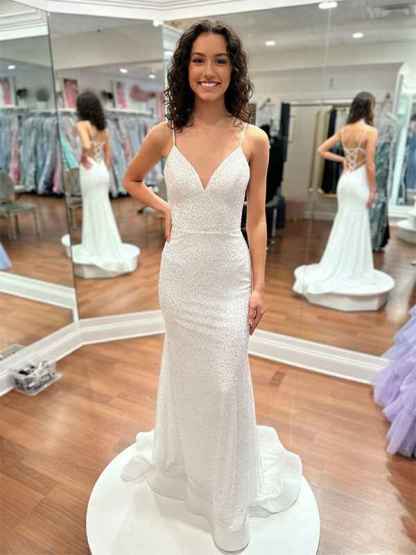 Blue Sequin V Neck Long Mermaid Prom Dress