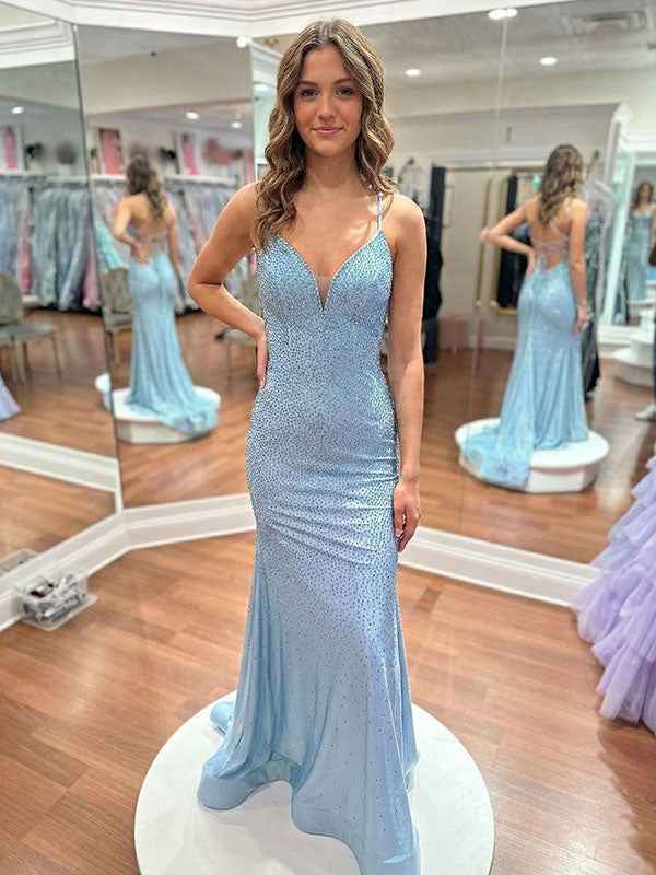 Blue Sequin V Neck Long Mermaid Prom Dress