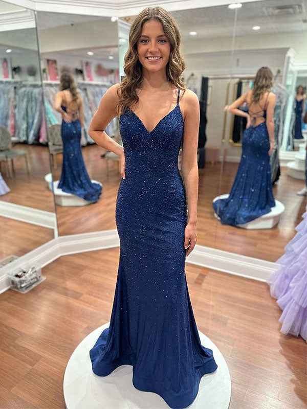 Blue Sequin V Neck Long Mermaid Prom Dress