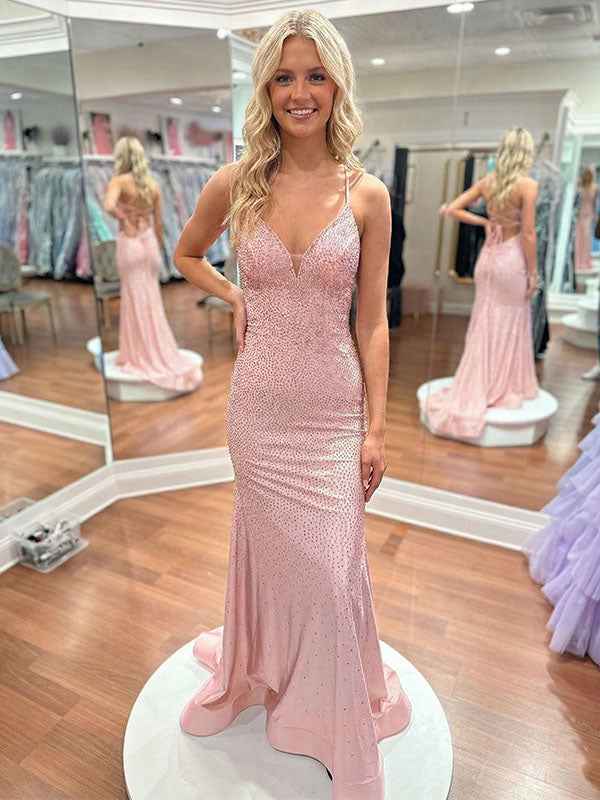 Blue Sequin V Neck Long Mermaid Prom Dress