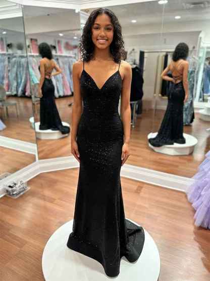 Blue Sequin V Neck Long Mermaid Prom Dress