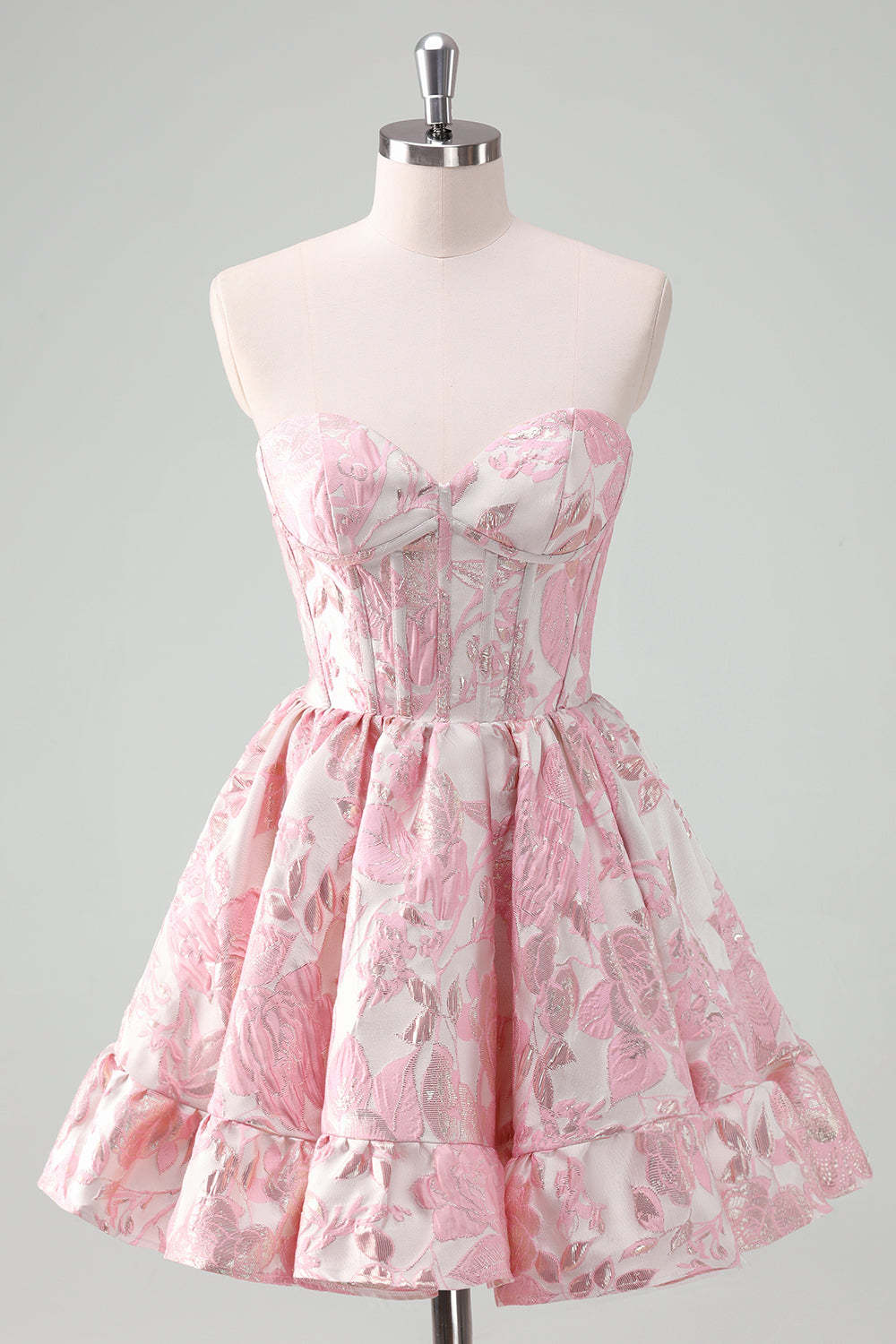 Blue Strapless Floral A-Line Printed Corset Short Homecoming Dress with Ruffles