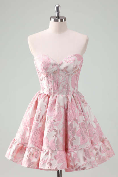 Blue Strapless Floral A-Line Printed Corset Short Homecoming Dress with Ruffles