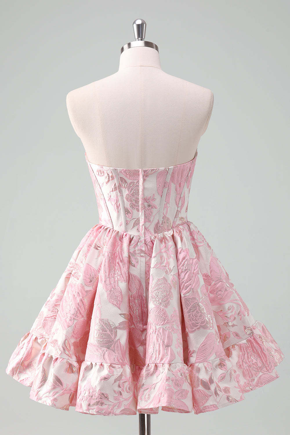 Blue Strapless Floral A-Line Printed Corset Short Homecoming Dress with Ruffles